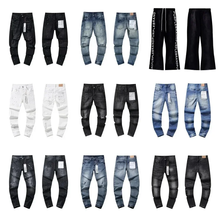 Purple brand Jeans Holes Men's Jeans Ripped Stretch High Street Pants Straight Skinny Slim Fit Denim Pants Baggy Disterssed Streetwear Purple Jean   